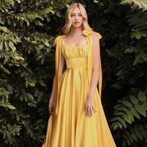 NEW YELLOW OFF THE SHOULDER LONG A-LINE SATIN DRESS WITH ZIPPER BACK C7490